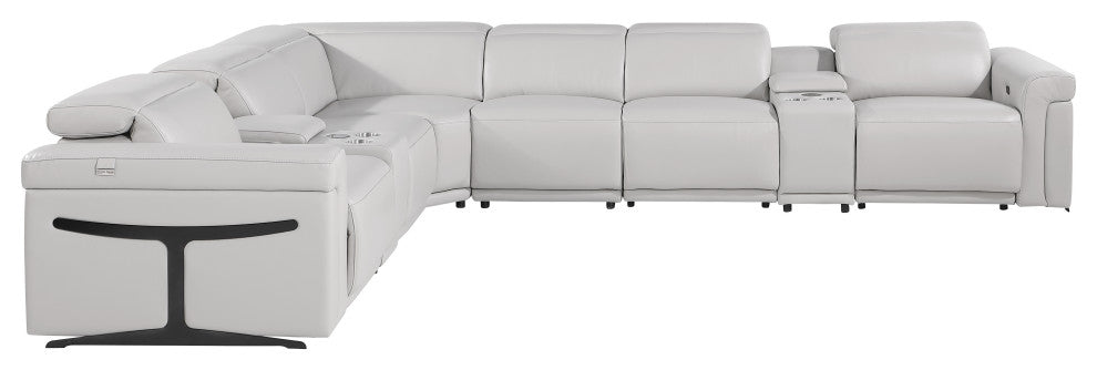 Giovanni 8-Piece 4-Power Reclining Italian Leather Sectional, Light Gray