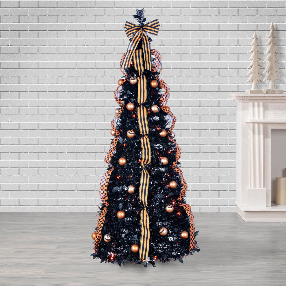 6' Black Pop-Up Pre-Lit Halloween Tree With 100 Orange LED Lights