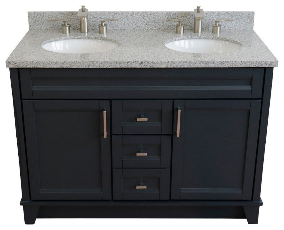 48" Double Sink Vanity, Dark Gray Finish With Gray Granite And Oval Sink