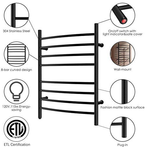Heatgene Wall Mounted 8 Bar Plug-in Curved Towel Warmer Towel Rack, Matt Black