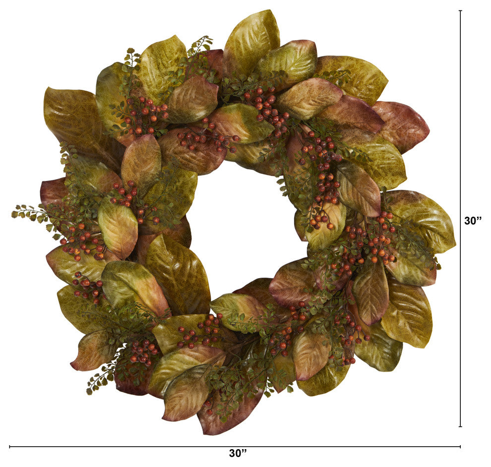 30" Fall Magnolia Leaf and Berries Artificial Wreath