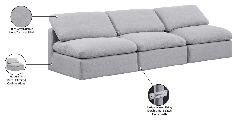 Indulge Upholstered Modular Sofa, Grey, 3-Piece: 3 Armless Chair, Down Stuffed Linen Textured Fabric