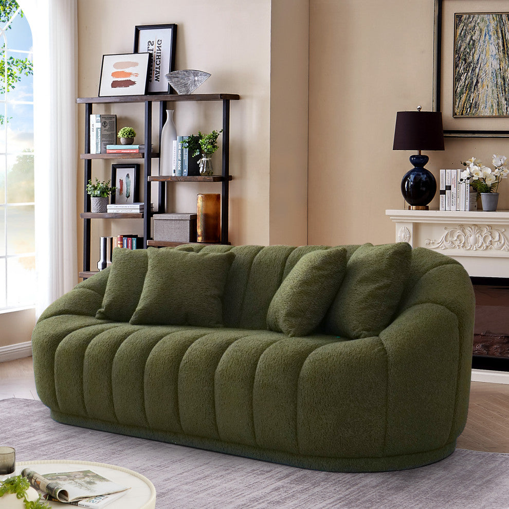 Forrester Mid-Century Modern Japandi Style Tight Back Boucle Couch, Green