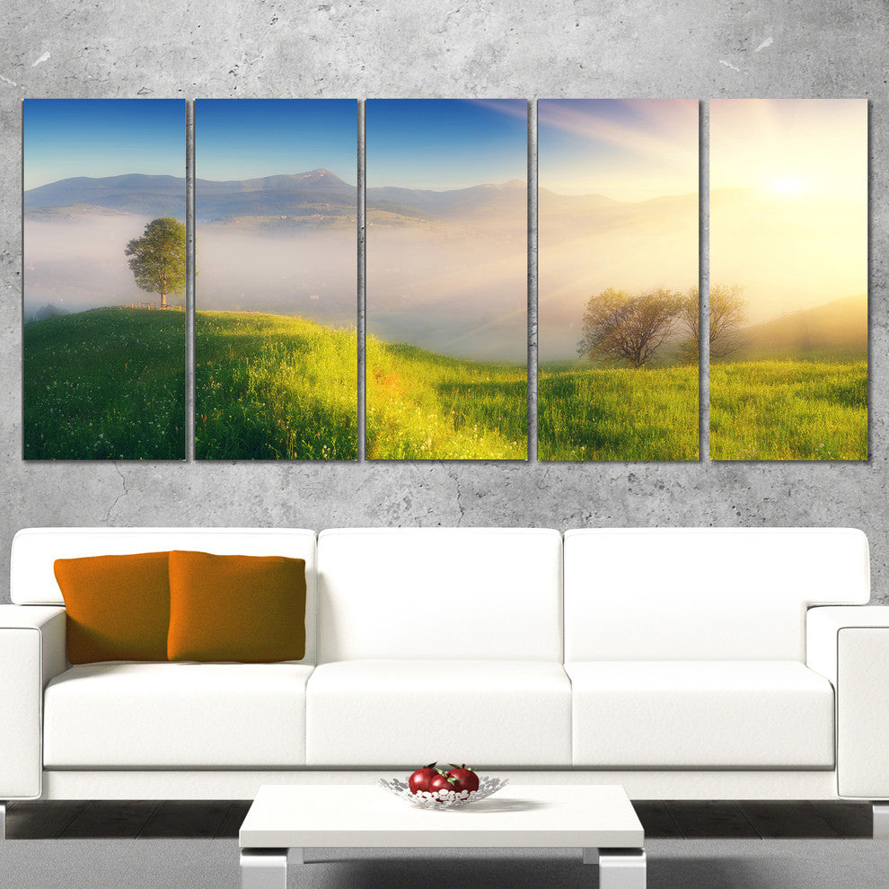 Morning Mist over Mountain Village, Landscape Canvas Print, 60"x28", 5 Panels