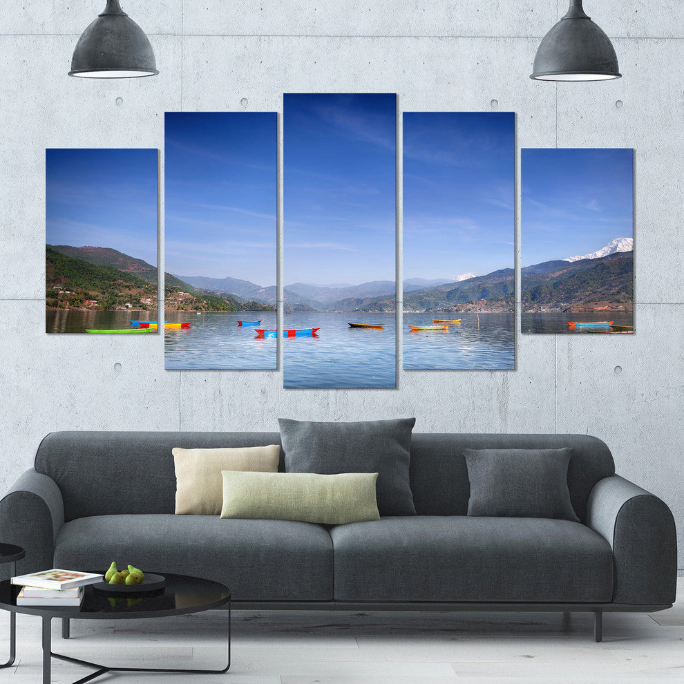 Boats in Pokhara Lake, Modern Seashore Canvas Wall Art, 60"x32", 5 Panels