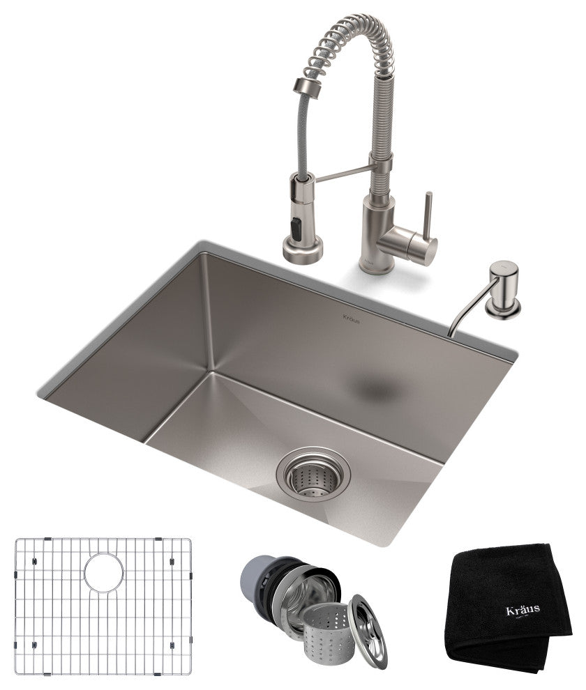 23" Undermount Stainless Steel Kitchen Sink, Pull-Down Faucet SS, Dispenser