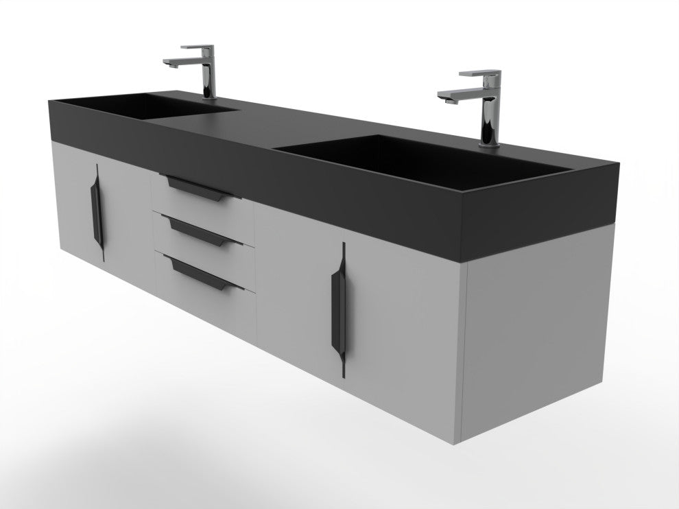 CastelloUSA Amazon 72" Wall Mounted Vanity Set, Gray, Black Top, Black Handles