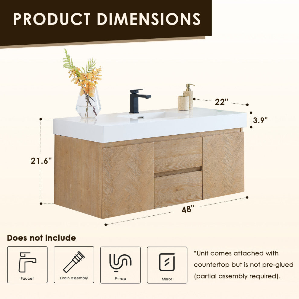 Siena Wall-mounted Single Bath Vanity, Light Brown, 48inch, No Mirror