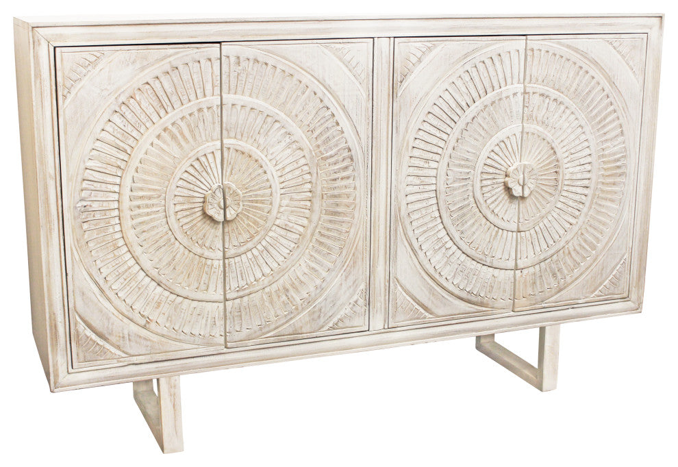 Albert Sideboard, 4-Hand Carved Doors, White Distressed Finish