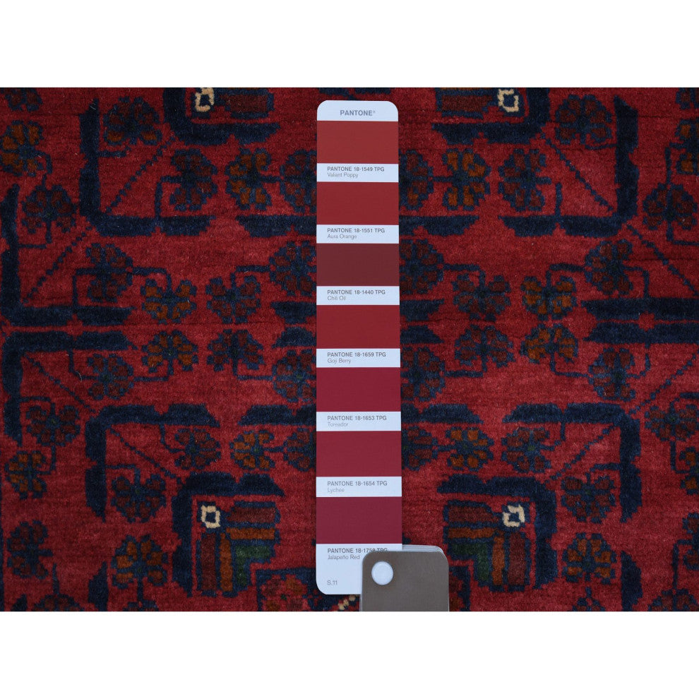 Deep And Saturated Red, Hand Knotted Afghan Khamyab Wool Runner Rug, 2'7"x9'7"