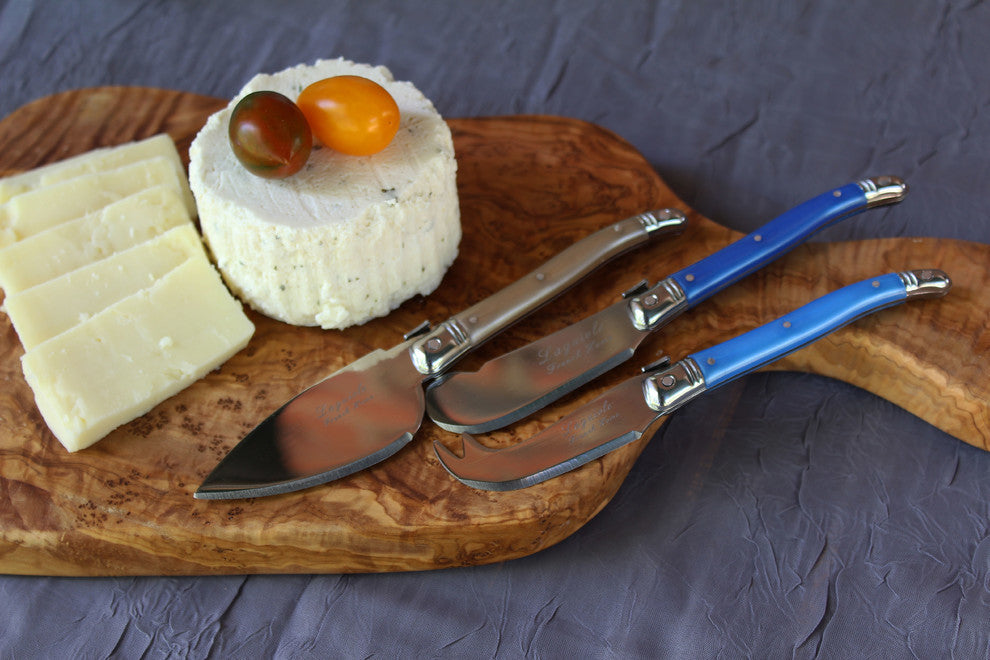 14" Olive Wood Cutting Board With 3 Asst. Laguiole Cheese Knives