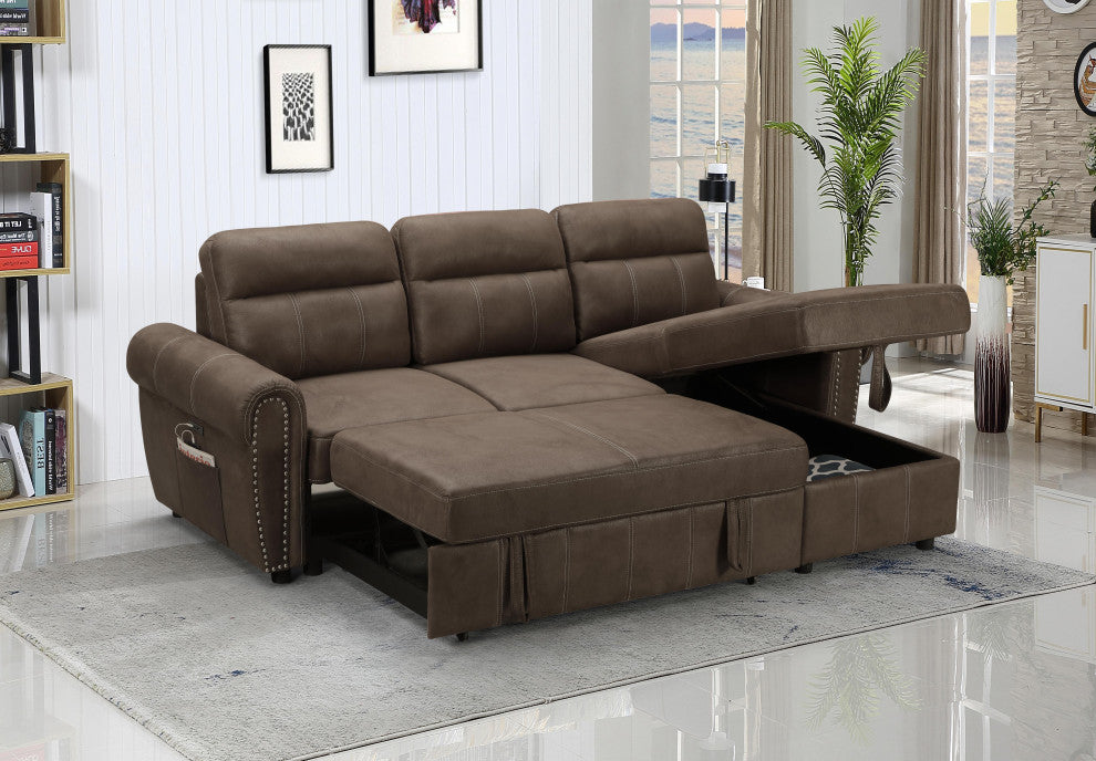 Hugo Brown Reversible Sleeper Sectional Sofa Chaise With USB Charger