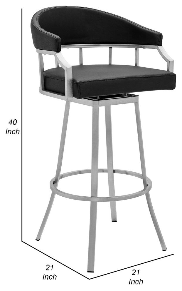 Benzara BM282639 Vegan Faux Leather Bar Stool Chair, Swivel, Metal Legs, Black
