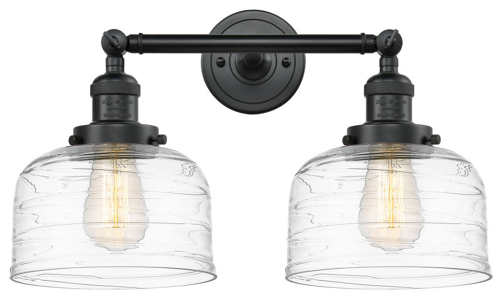 Large Bell 2 Light Bath Vanity Light, Matte Black, Clear Deco Swirl