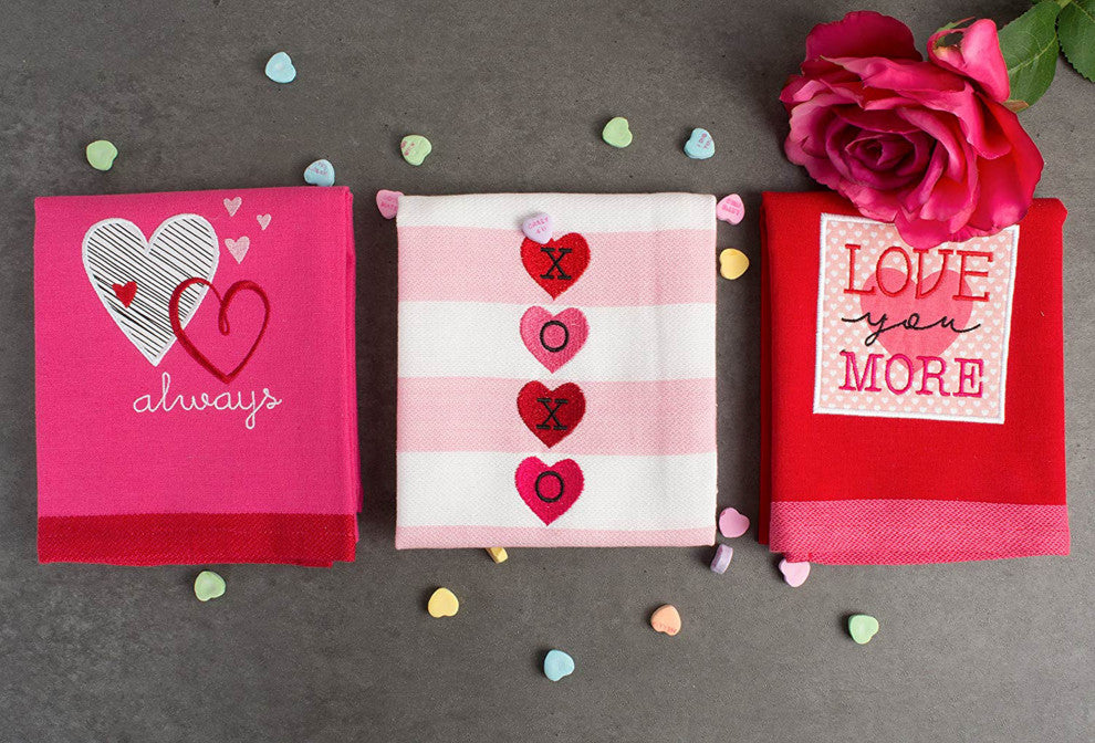 Asst Valentines Day Embroidered Dishtowels, Set Of 3