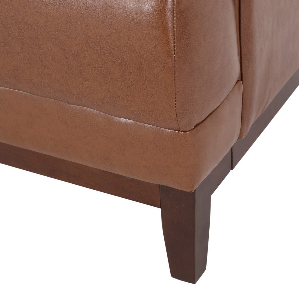 Stefan Mid Century Faux Leather Tufted 3 Seater Sofa, Cognac + Espresso