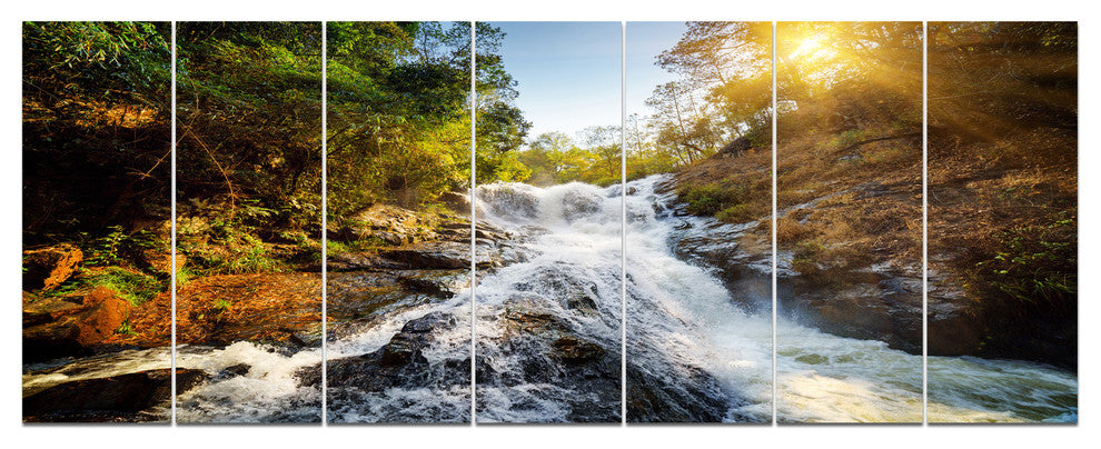 Waterfall through the Forest, Landscape Canvas Art Print, 83"x32", 7 Panels