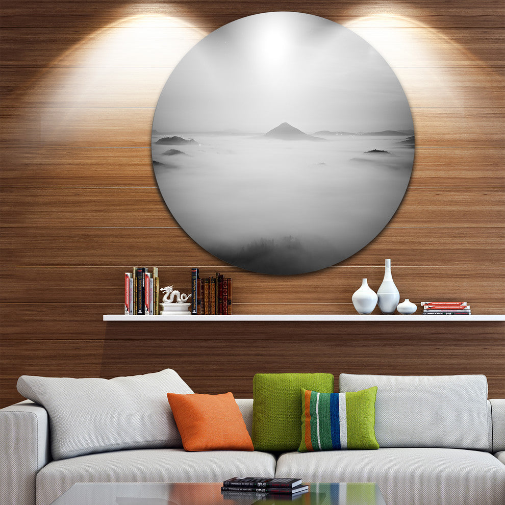 Sandstone Hills And Peaks In Fog, Landscape Round Metal Wall Art, 11"