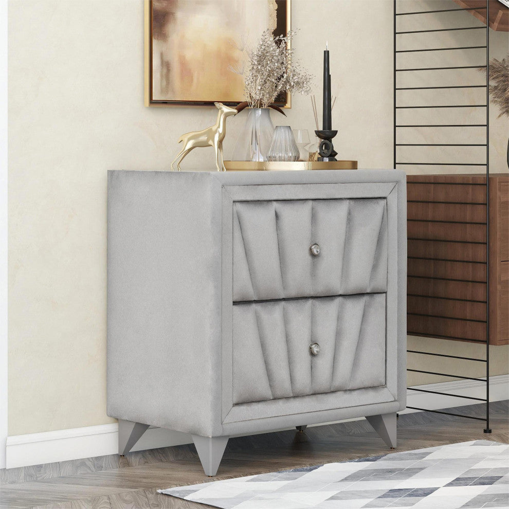 2-Drawer Wood Nightstand with Velvet Fabric and Glass Worktop, Silver Gray