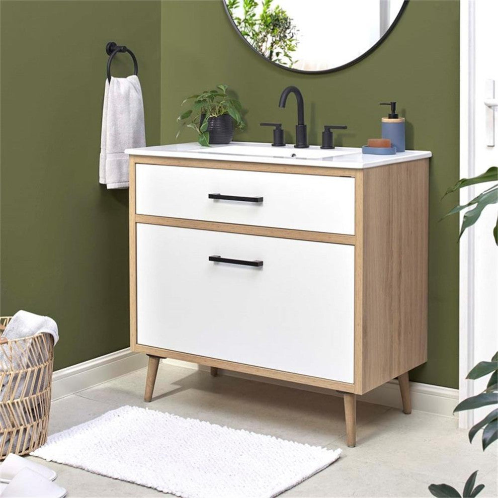 Modway Maverick 36" Wood Bathroom Vanity with Tapered Legs in White/Oak