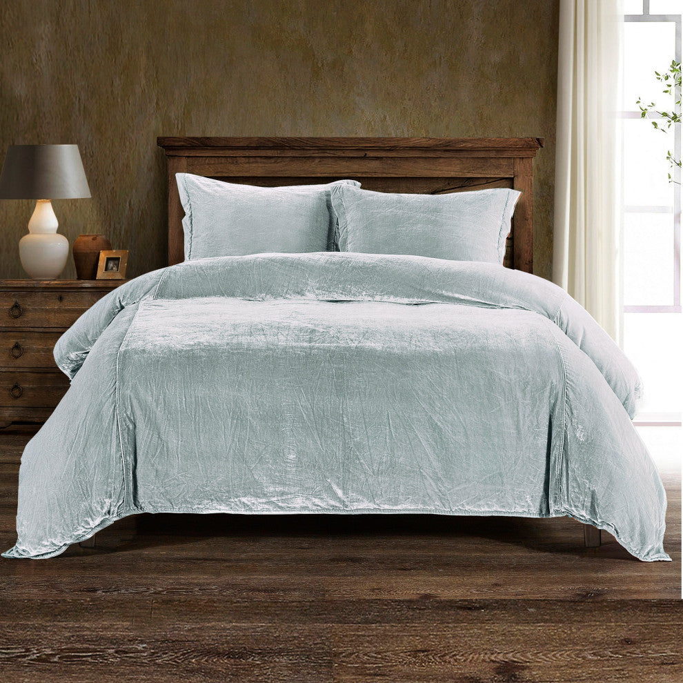 Stella Faux Silk Velvet Duvet Cover Set, 3PC, Icy Blue, King