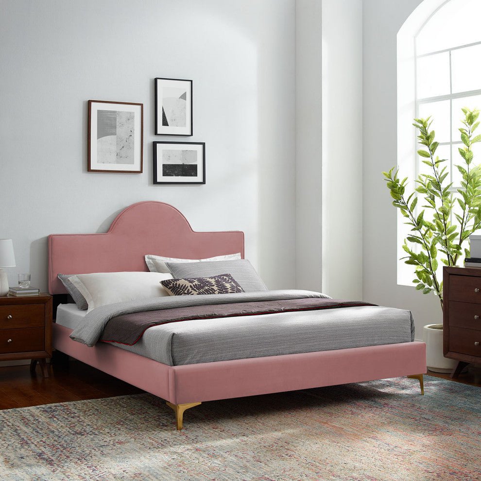 Platform Bed Frame, Queen Size, Pink, Velvet, Modern, Bedroom Guest Suite