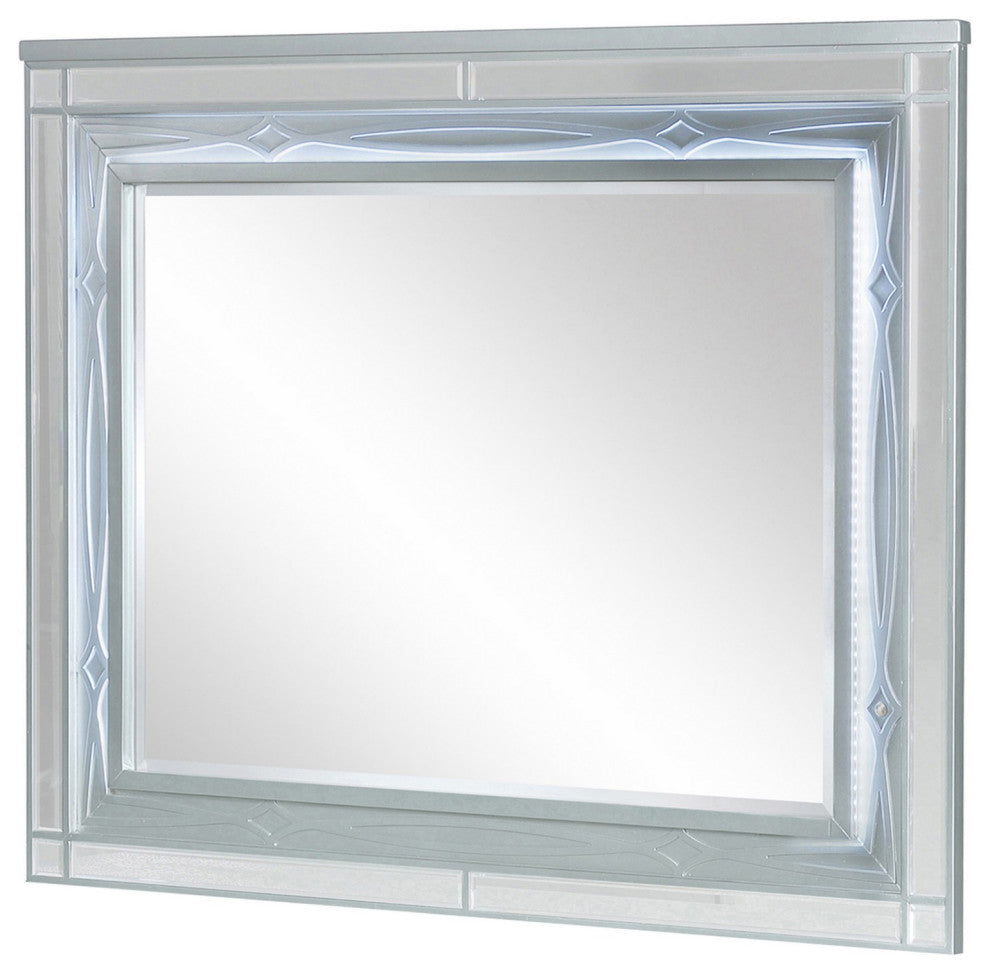 Benzara BM280370 Gina 49" Mirror Wood Frame, Built In Blue LED, Metallic Silver