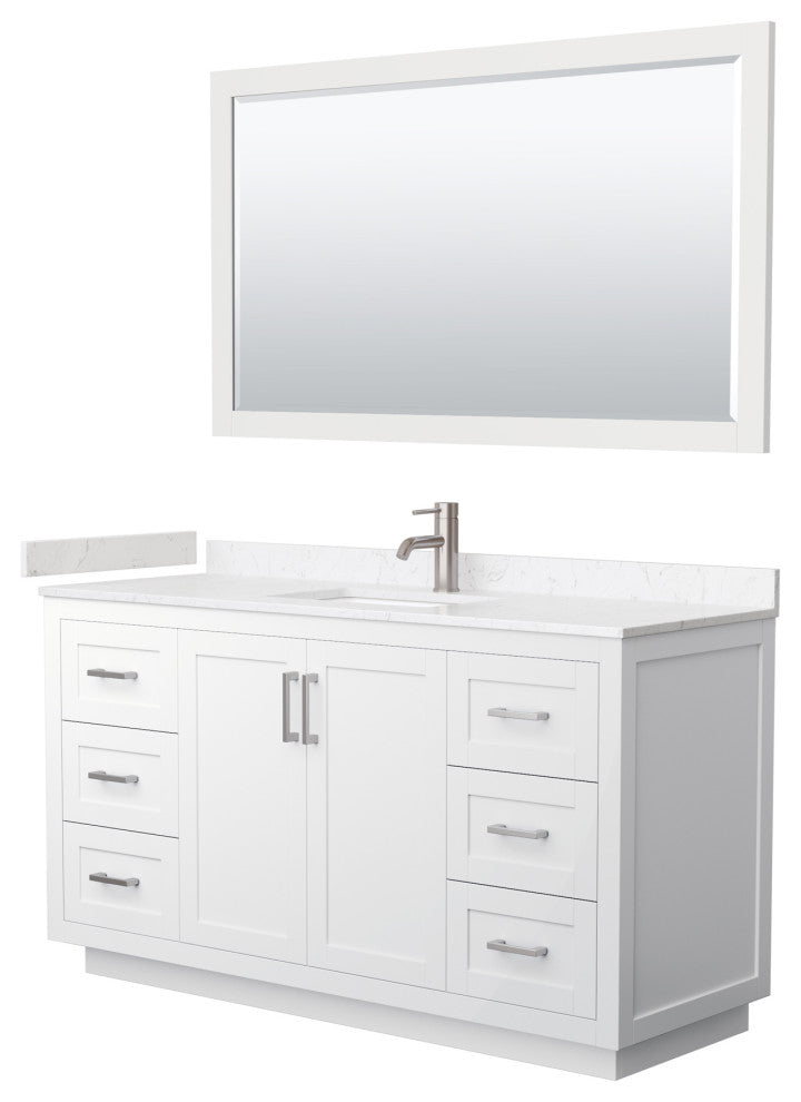 60"SGL Vanity White, Light-Vein Carrara Cult. Top, Sink, Nickel Trim, 58"Mirror