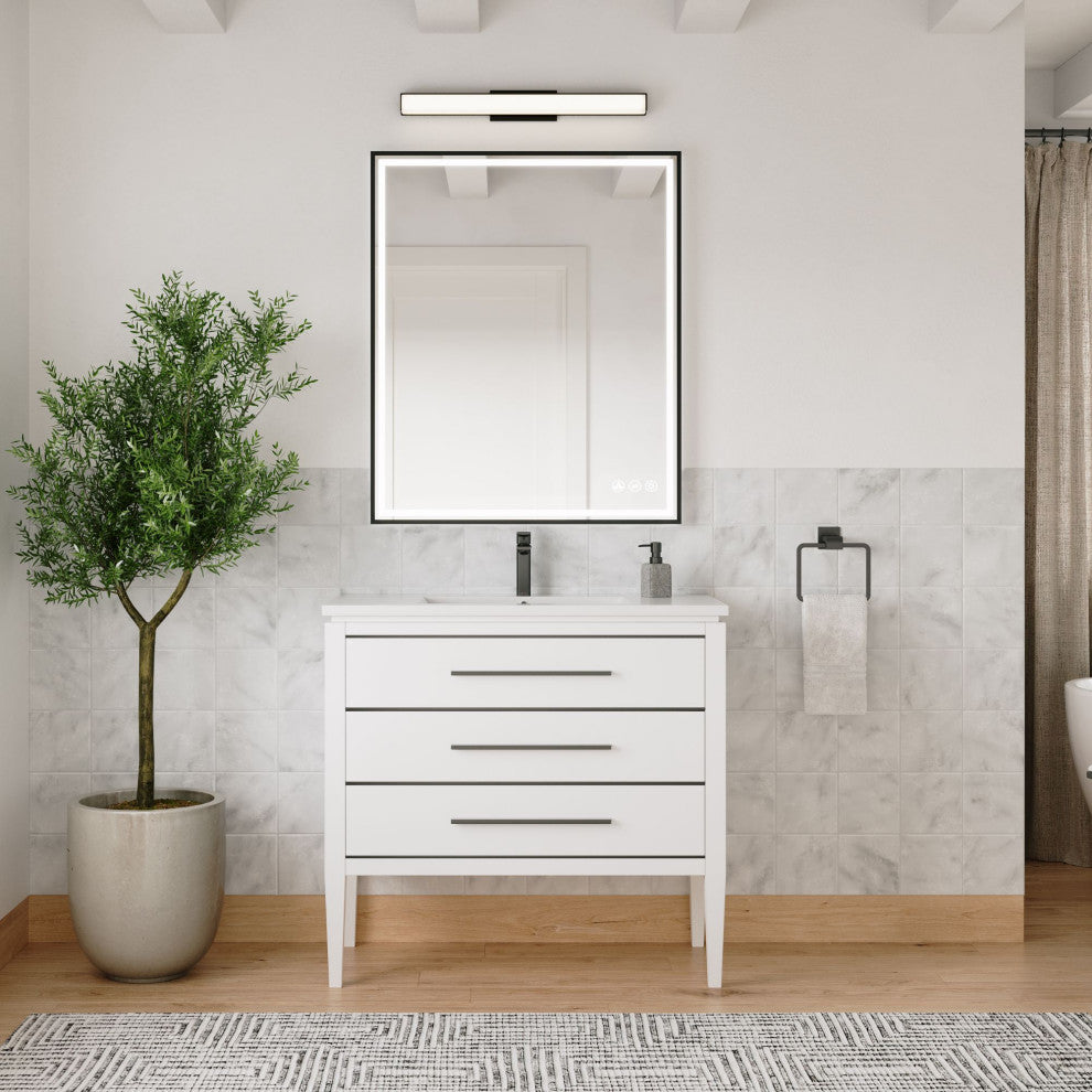 Celios Bathroom Vanity, White With Black Trim, 36", Single Sink, Freestanding