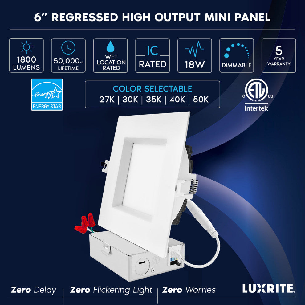 Luxrite 6" Square LED Recessed Light J-Box 18W 5CCT 1800LM 4 Pack