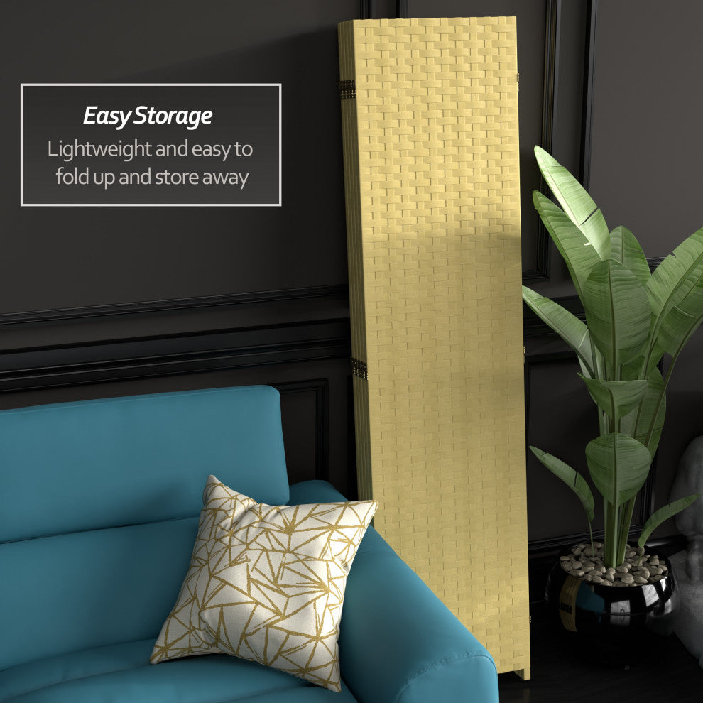 6' Tall Woven Fiber Room Divider, 5 Panel, Dark Beige