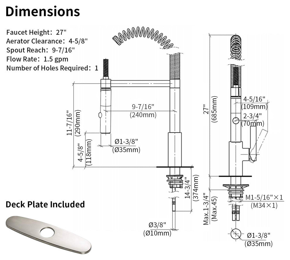 Single Handle Deck Mounted Spring Neck Pull Down Kitchen Faucet with Deckplate