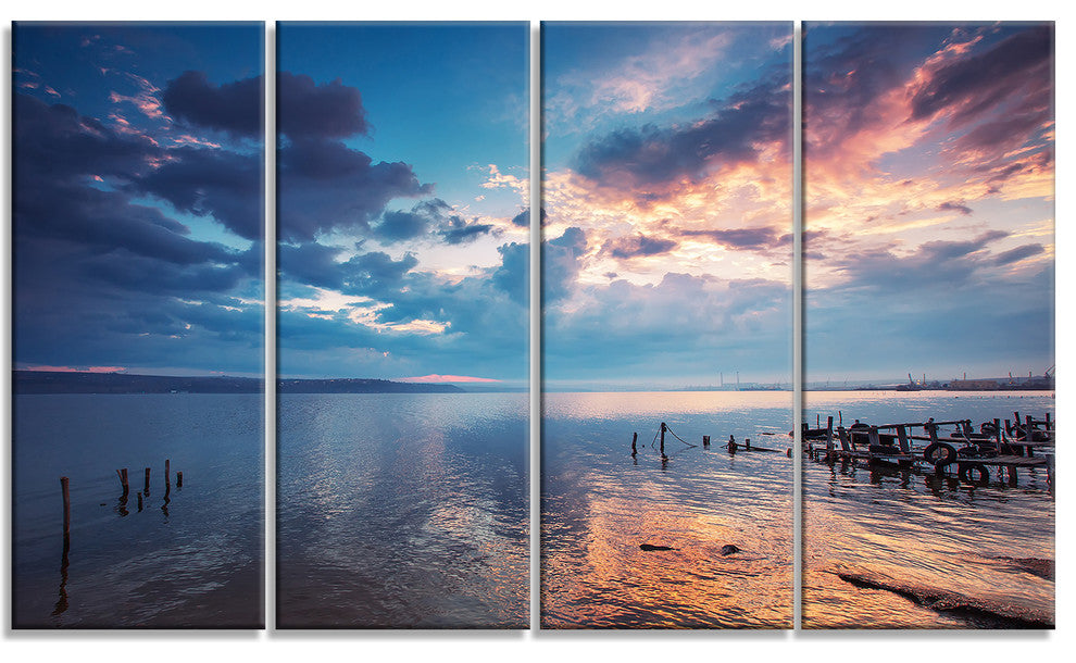 Dramatic Sky Over Sunset Lake, Large Landscape Canvas Art, 48"x28", 4 Panels