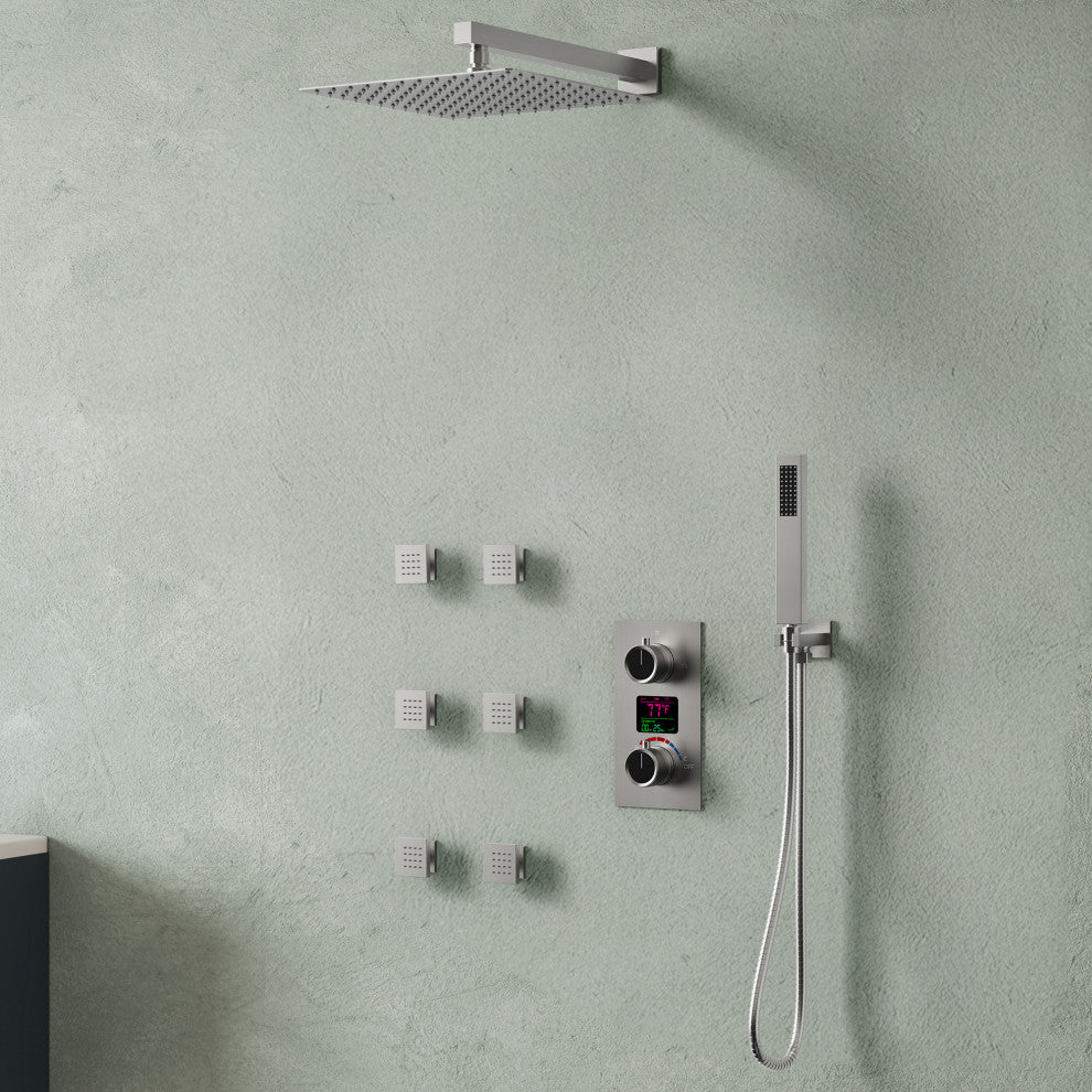 LED Temperature Digital Display Shower System With Body Jets, Brushed Nickel, 12 Inches