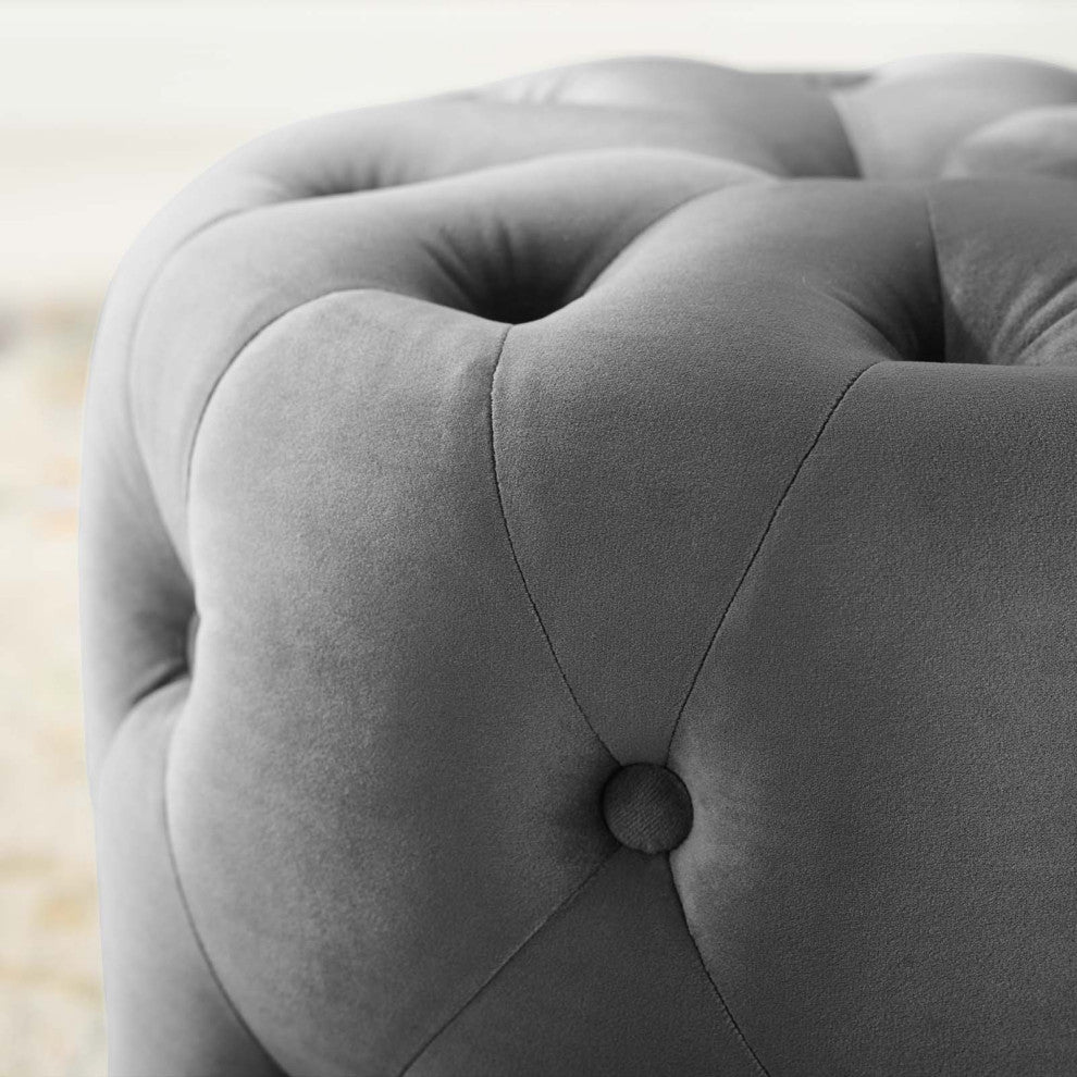 Tufted Accent Chair Ottoman, Round, Velvet, Gray, Modern, Lounge