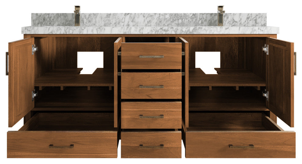 Malibu Teak 72 Double Sink Bath Vanity in Golden Teak 2" Carrara Marble