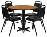 36'' Round Natural Laminate Table, 4 Black Trapezoidal Back Banquet Chairs
