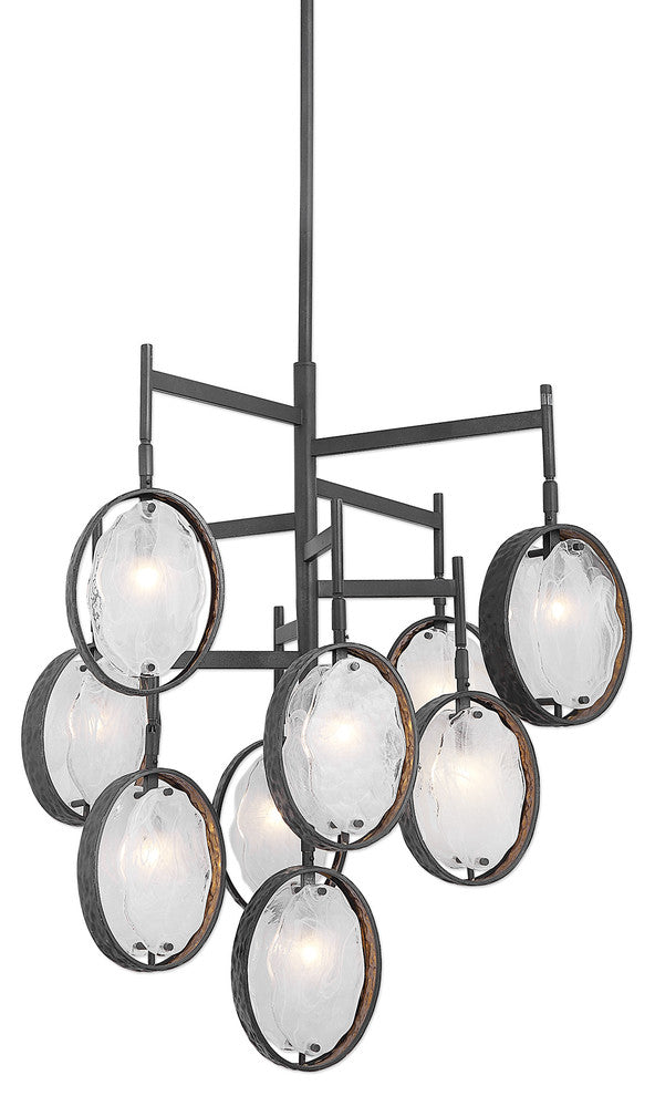 Mid Century Modern Glass Ovals Chandelier, 9 Light Bronze Gold White Abstract
