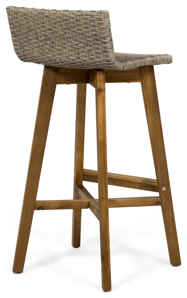 Jessie Outdoor Wood and Wicker Barstool, Set of 4, Light Brown, Teak Finish