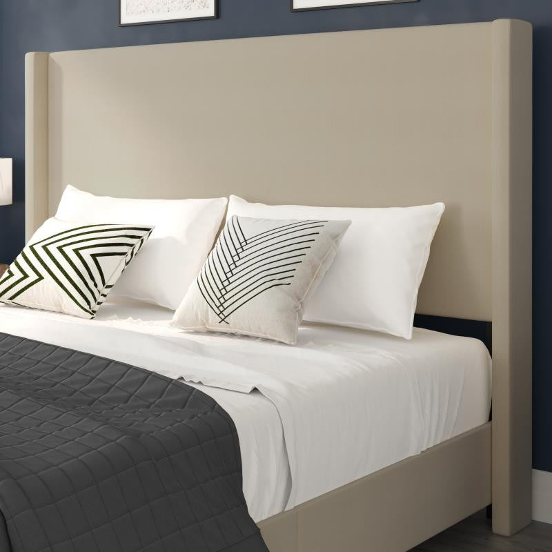 Quinn Upholstered Platform Bed with Channel Stitched Wingback Headboard, Beige, King