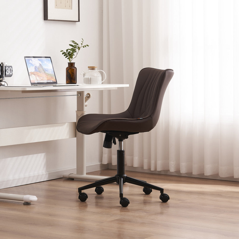 Younike Armless Upholstered Faux Leather Rolling Office Chair, Brown