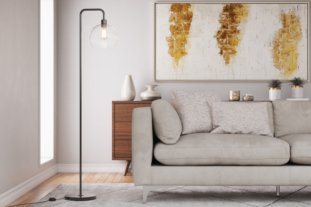 61.5" Oil Bronze Floor Lamp, Slim-line Arched Design, Clear Seeded Glass Shade