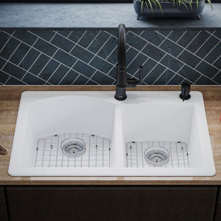Karran Drop-In Quartz 33" 1-Hole 60/40 Double Bowl Sink Kit, White