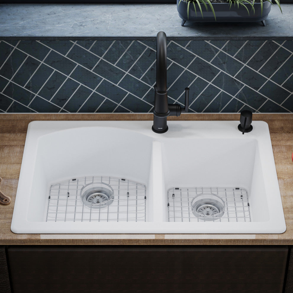 Karran Drop-In Quartz 33" 1-Hole 60/40 Double Bowl Sink Kit, White