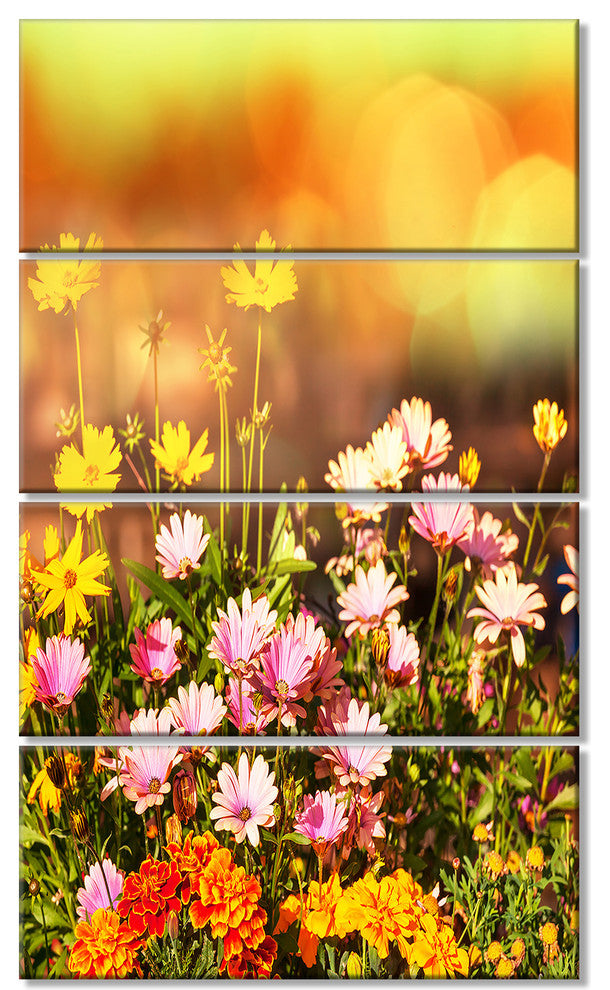 Beautiful Multi Color Flowers, Floral Canvas Art Print, 28"x48", 4 Panels