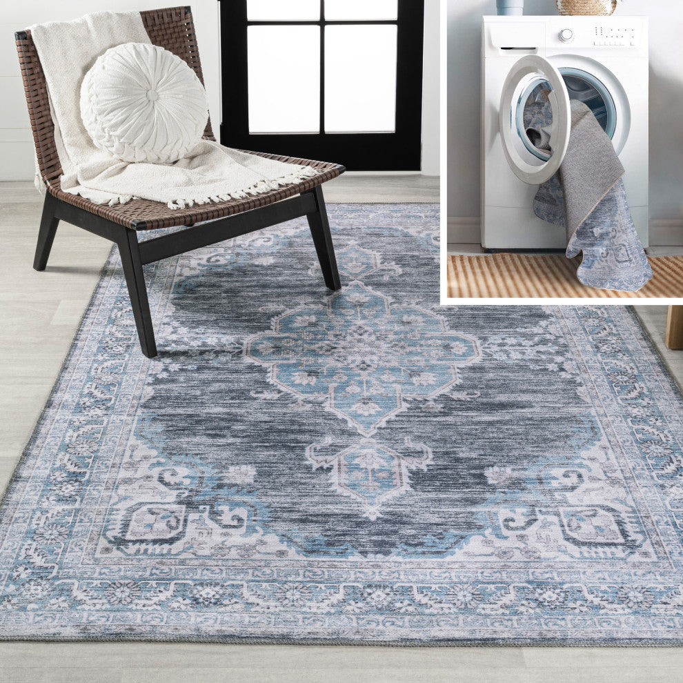 Wincer Chenille Cottage Medallion Washable Rug, Gray/Blue/White, 8 X 10