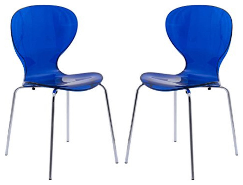 LeisureMod Modern Oyster Transparent Side Chair, Set of 2 Transparent Blue