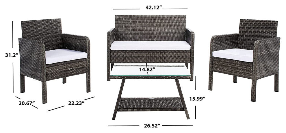 Outdoor Elegant 4-Piece Patio Set with Glass Coffee Table and Cushioned Chairs, Grey Brown/White