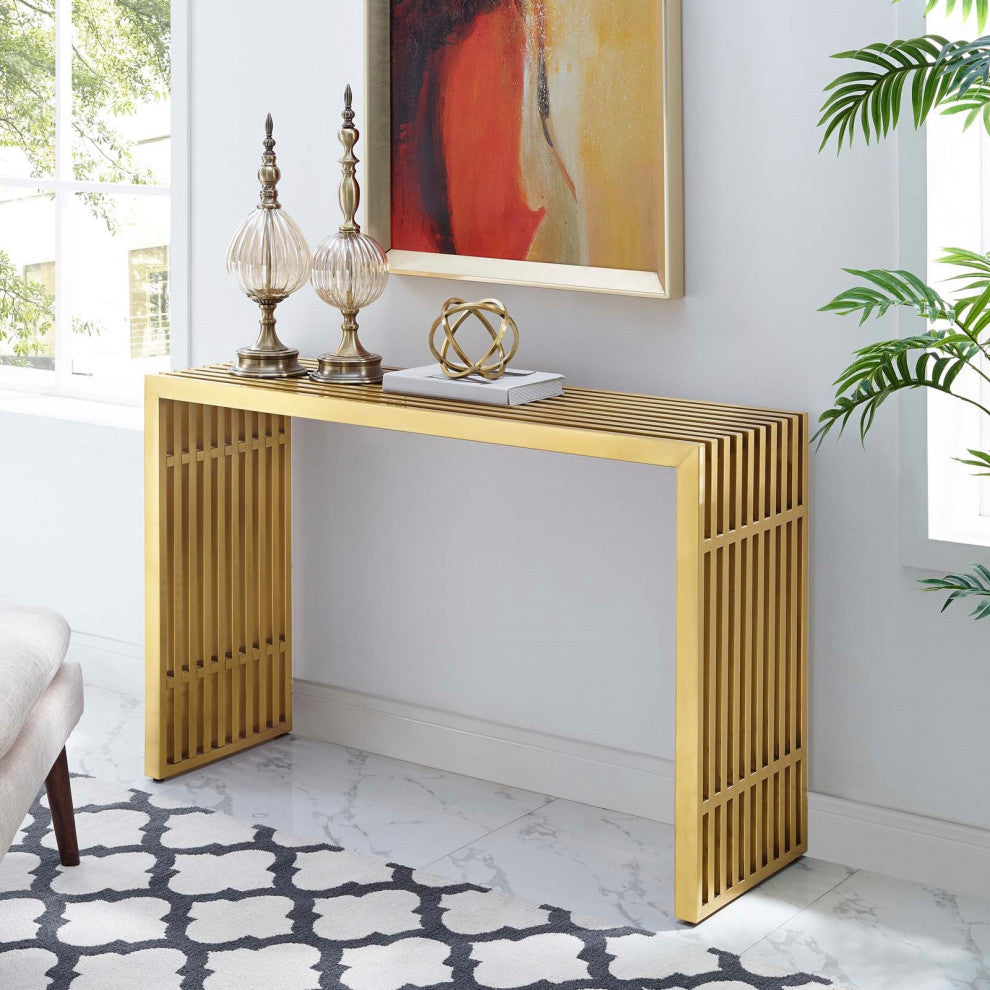 Chi Gold Console Table, Stainless Steel Modern Industrial Console Table