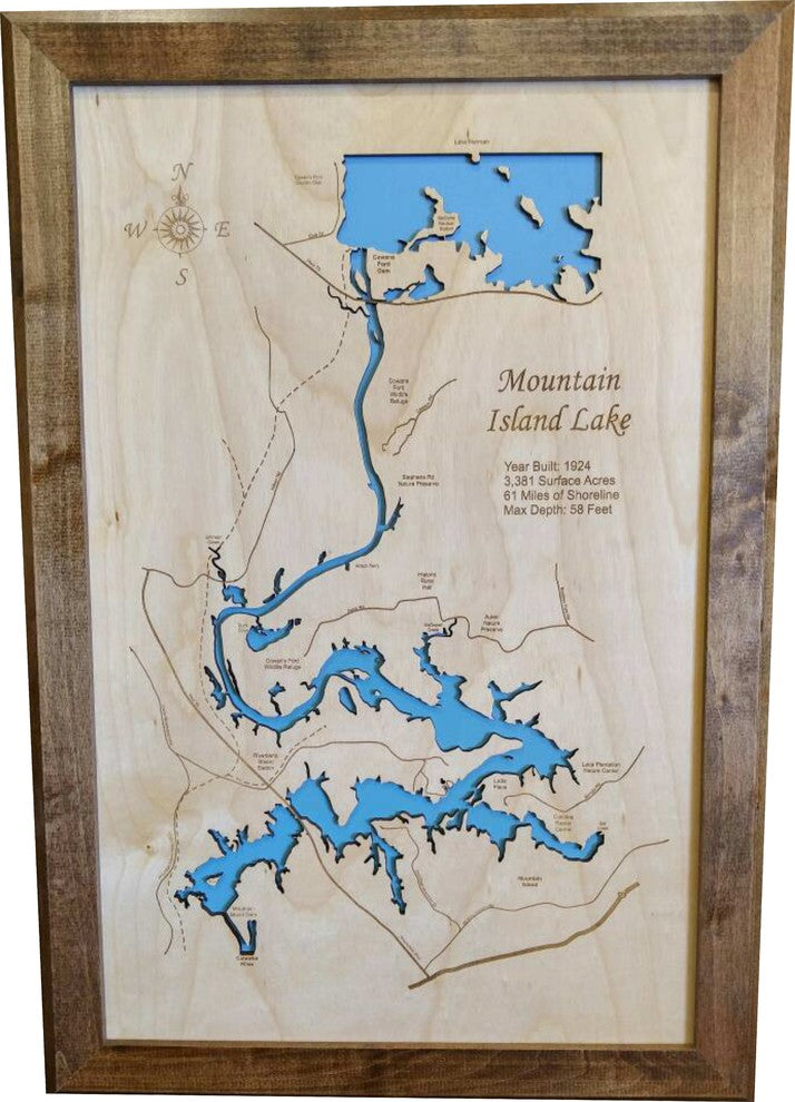 Mountain Island Lake, North Carolina-Wood Lake Map, Medium Framed